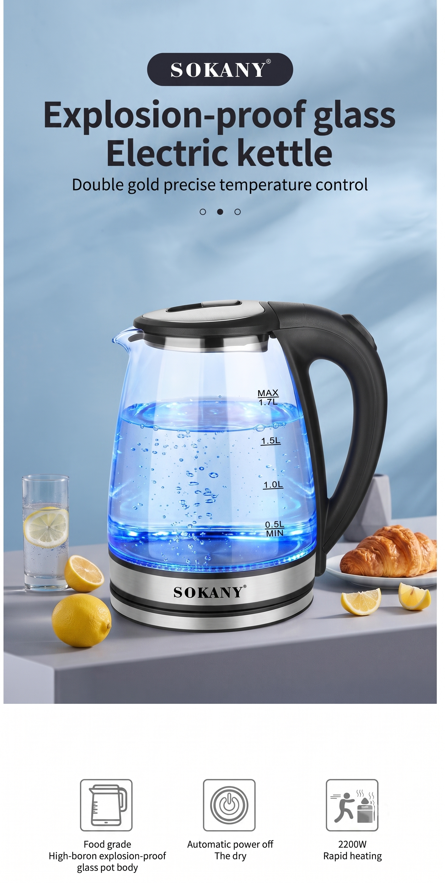 Sokany Electric Kettle 2.0‑liter capacity SK‑1045