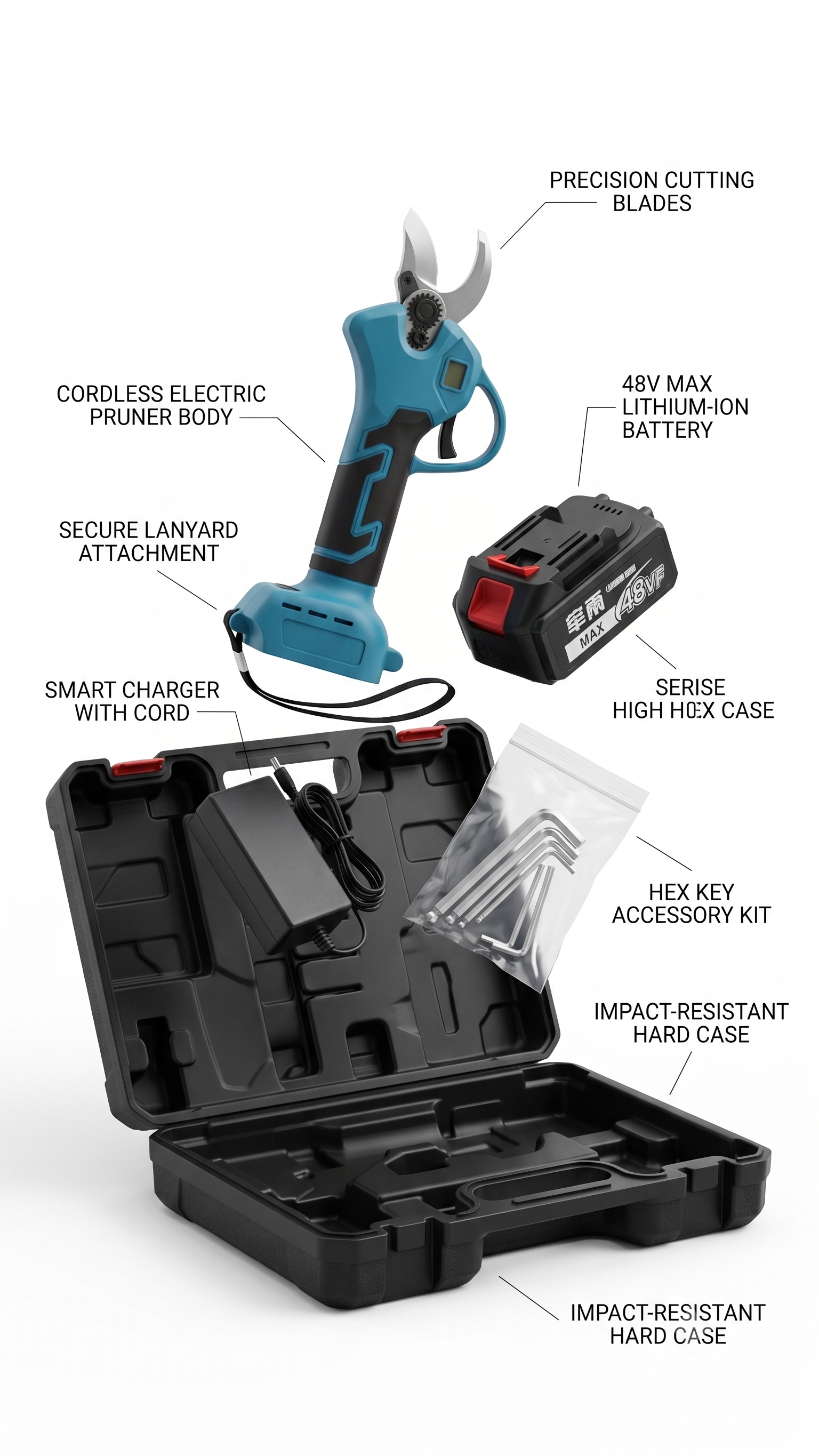 48VF Cordless Electric Pruning Shear Kit with Rechargeable Battery, Spare Blade & Carrying Case