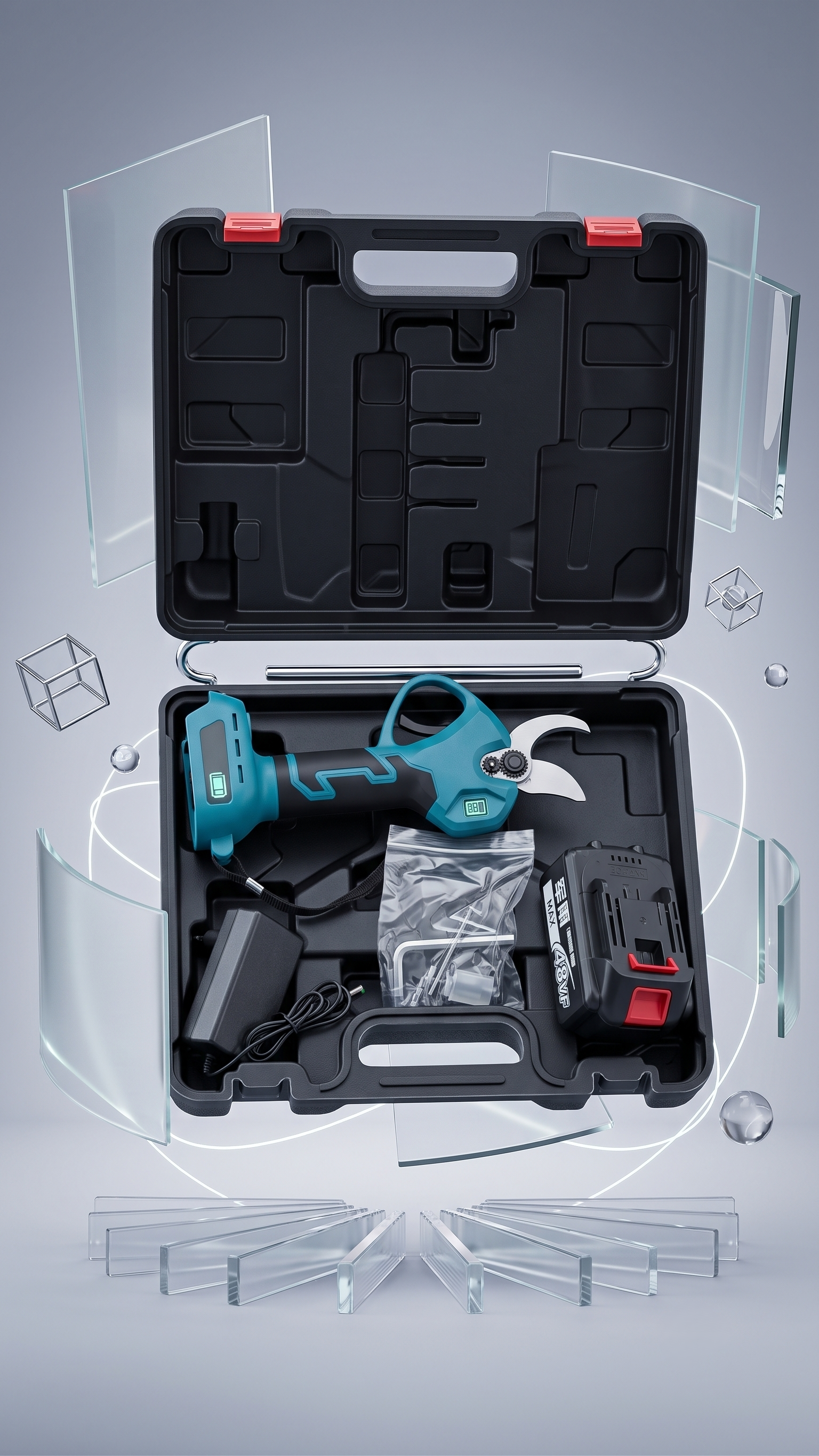 48VF Cordless Electric Pruning Shear Kit with Rechargeable Battery, Spare Blade & Carrying Case