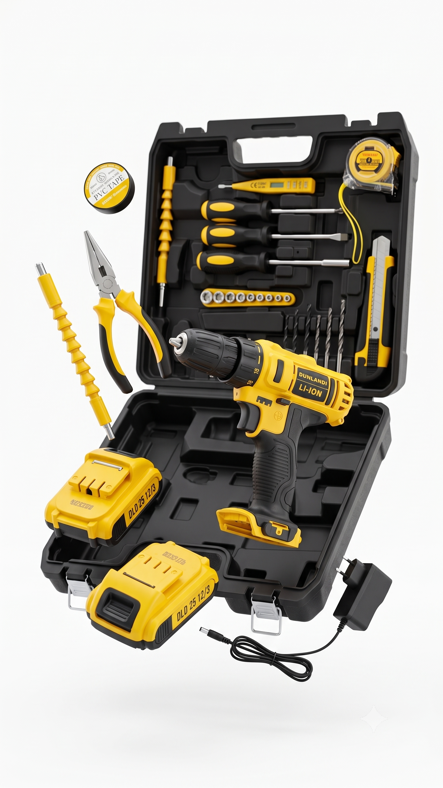 DUNLANDI LI‑ION Cordless Drill & 46‑Piece Professional Tool Kit with Dual Batteries