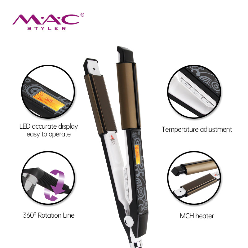 MAC Styler MC‑2026 Nano Black Ceramic 2‑in‑1 Hair Straightener & Curler LCD Display MC‑2026