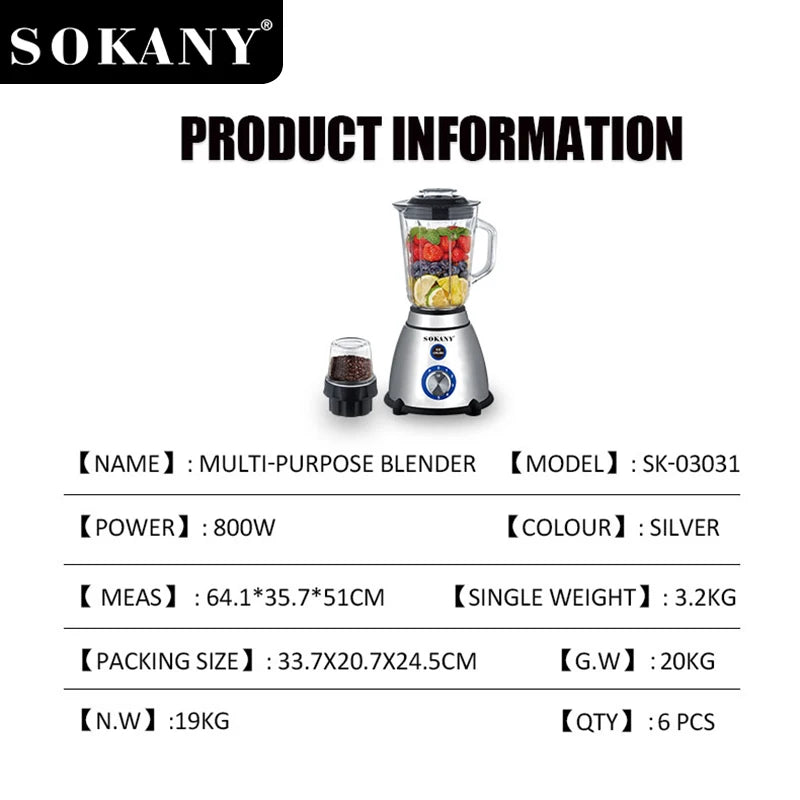 Sokany Multi-Purpose Blender 800W Blender with 5-Speed & 1.5L Glass Cup SK-03031