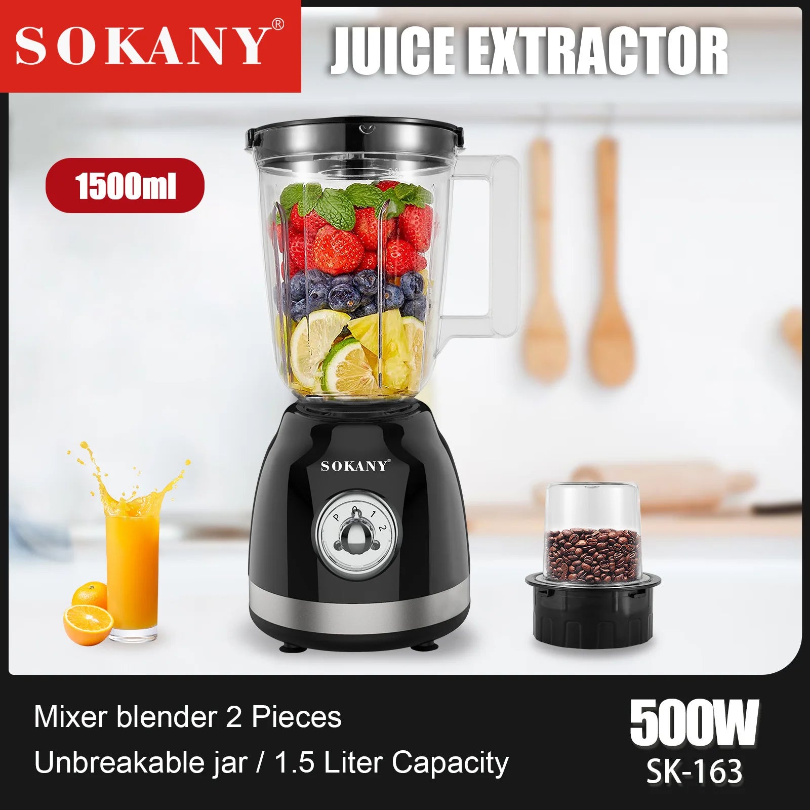 Sokany Mixer Blender with Unbreakable Jar and 1.5L Capacity SK-163