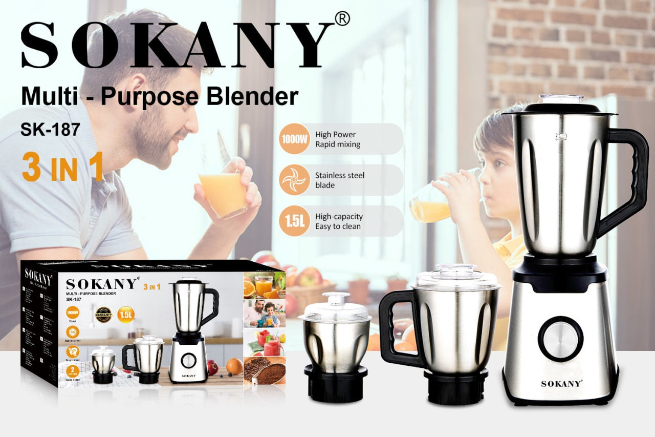 Sokany blender stainless stee 3 * 1-1000 watts 1.5 liters SK-187