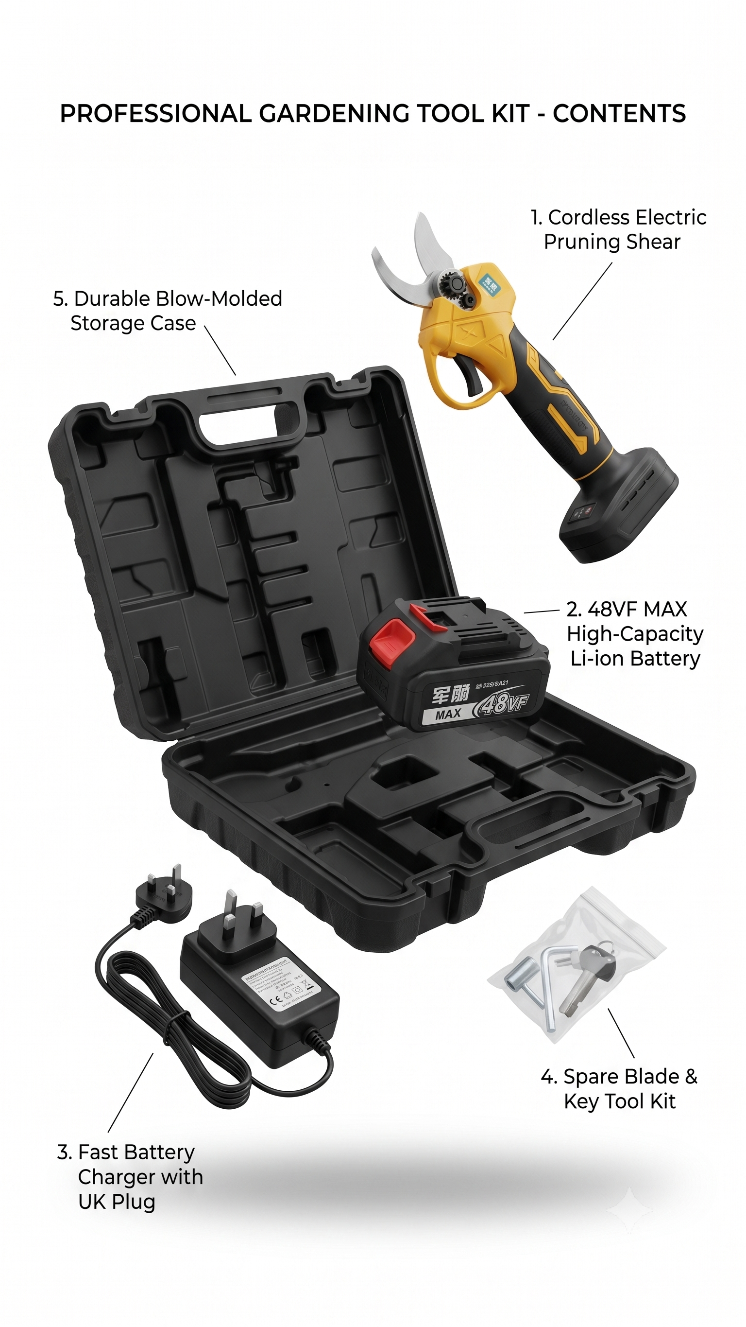 48VF Cordless Electric Pruning Shear Kit with Rechargeable Battery & Carrying Case
