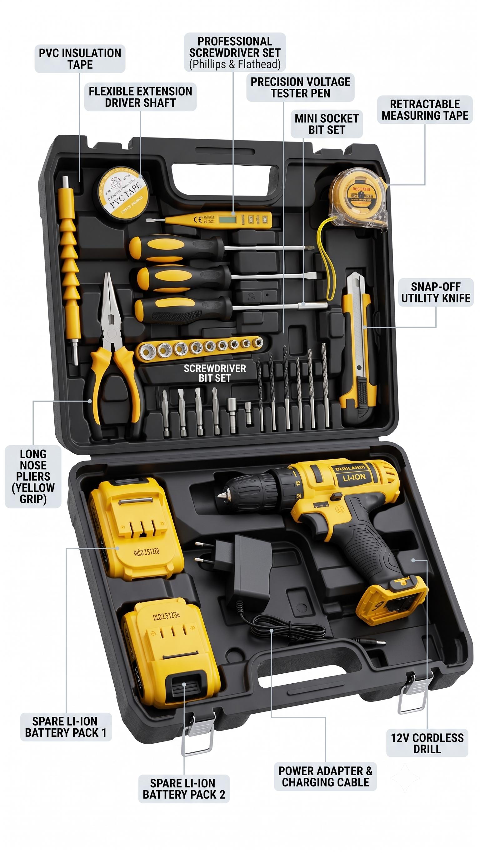 DUNLANDI LI‑ION Cordless Drill & 46‑Piece Professional Tool Kit with Dual Batteries