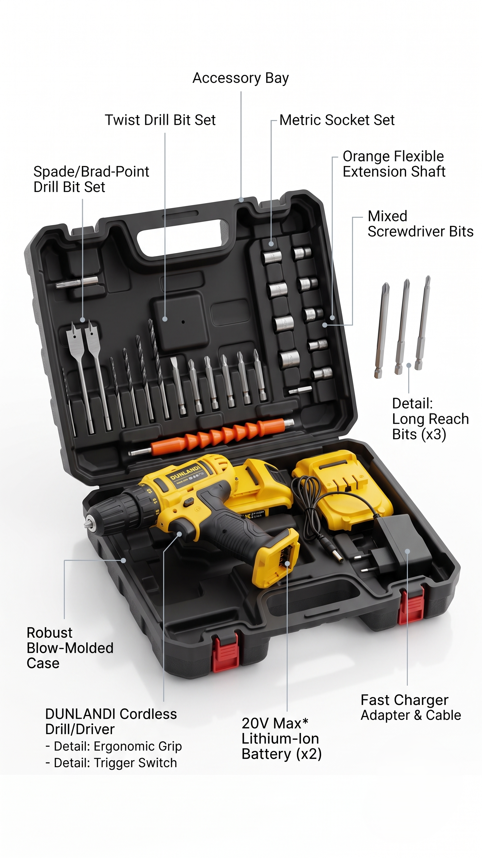 DUNLANDI 20V Max Cordless Drill & 60‑Piece Professional Tool Kit with Dual Li‑Ion Batteries