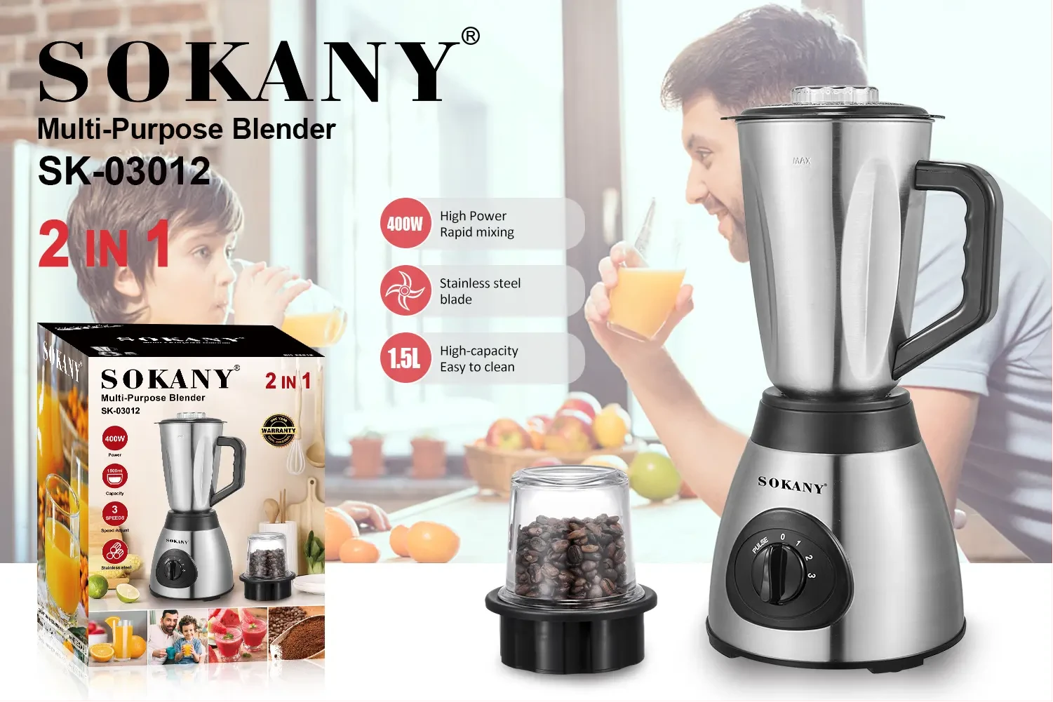 Sokany 2-In-1 Blender 400W 1.5L Jar Stainless Steel Blades  SK-03012