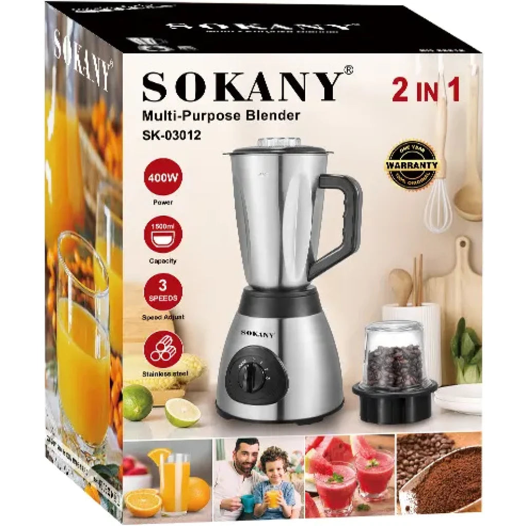Sokany 2-In-1 Blender 400W 1.5L Jar Stainless Steel Blades  SK-03012