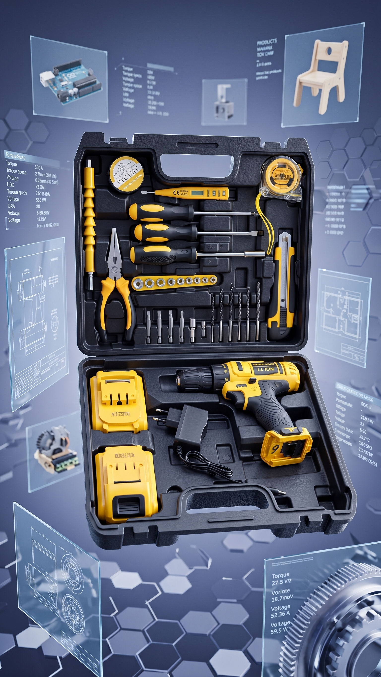 DUNLANDI LI‑ION Cordless Drill & 46‑Piece Professional Tool Kit with Dual Batteries